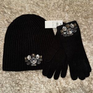 Ann Taylor Black Knit Beanie and Gloves with Gem Details Set